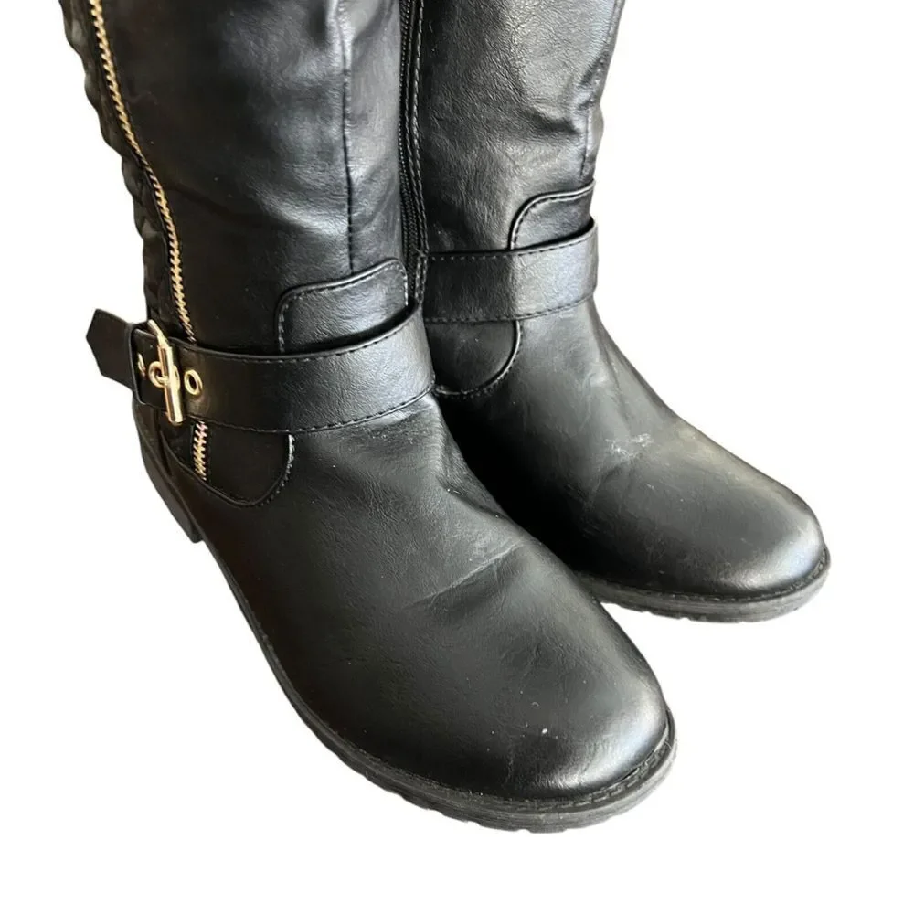 Cambridge Select Women's Riding Boots Black Block Heels Mid Calf Buckle Zip 7.5